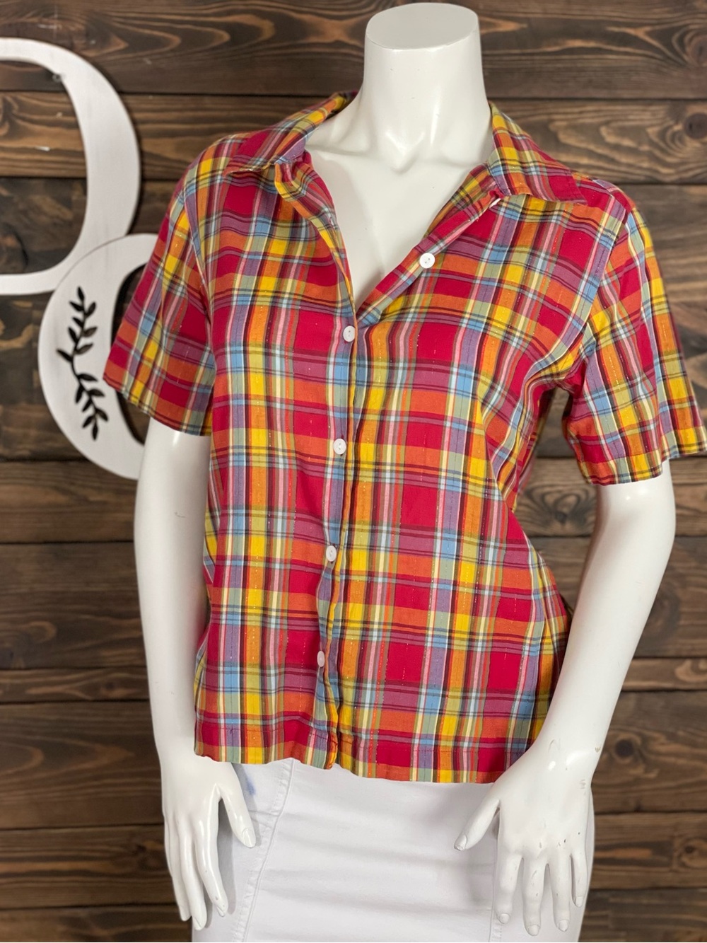Erika Vintage Short-Sleeve Plaid Button-Up Shirt Colorful Red & Yellow Metallic